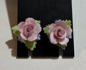 Vintage Denton England Pink Rose Bone China Floral Screw Back Earrings Signed